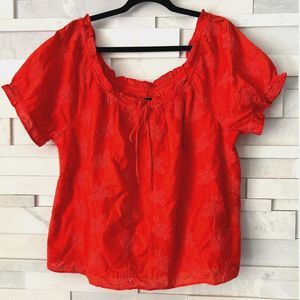 J CREW Bright Sunset Red Orange Cotton Eyelet Tie Neck Short Sleeve Top XL NWOT